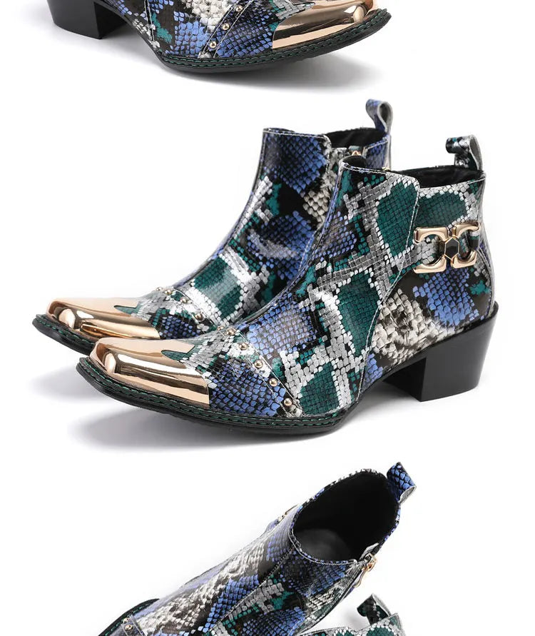 Spring Man Metal Fangtou Belt High-heeled Short boots Western Cowboy Boots Cowhide Serpentine Printing Stage show Party boots