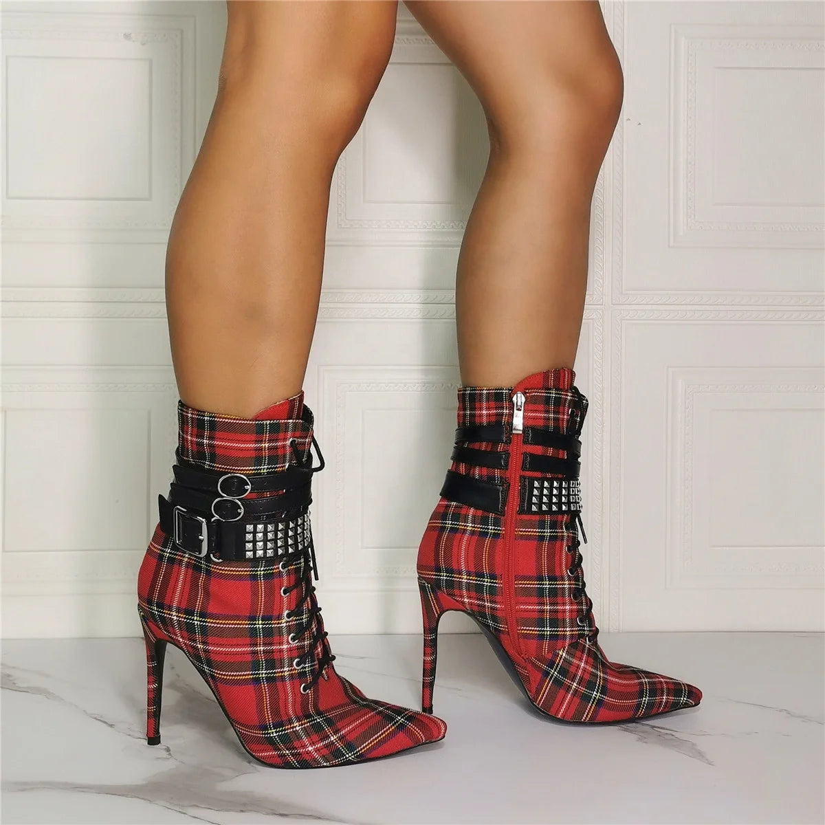 New Arrivals Plaid Pattern Ankle Buckle Strap Pointed Toe Women Ankle Boots Thin High Heels