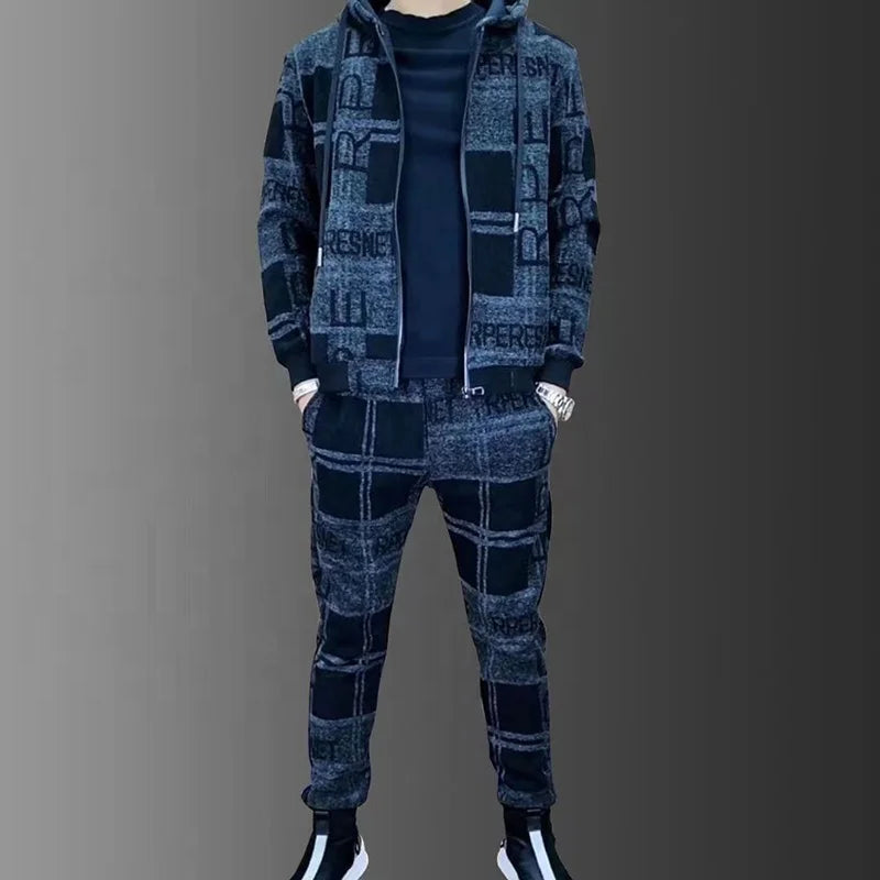Mens Zipper Hoodie Tracksuit Set Luxury Printed Jacket+Sweatpants Male Lapel Jacket Suit 2Pcs Outdoor Athletic Sets
