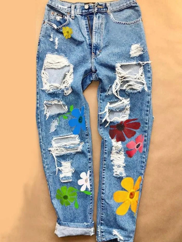 Fashion Trends Women Casual Flower Ladies Pencil Denim Hole Ripped Pattern Jeans