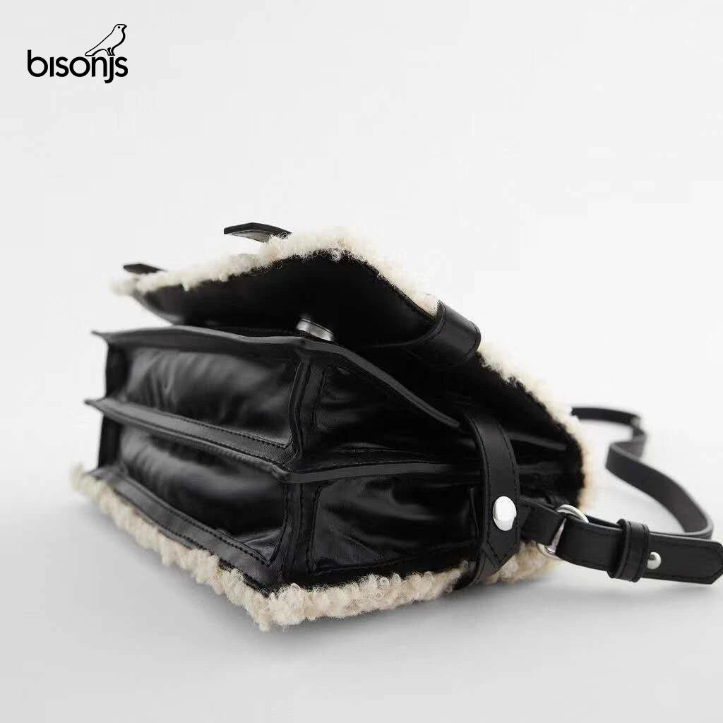 Jumbo Capacity Totes Handbag Black Pu Leather Shoulder Messenger Sheep Fur Bag