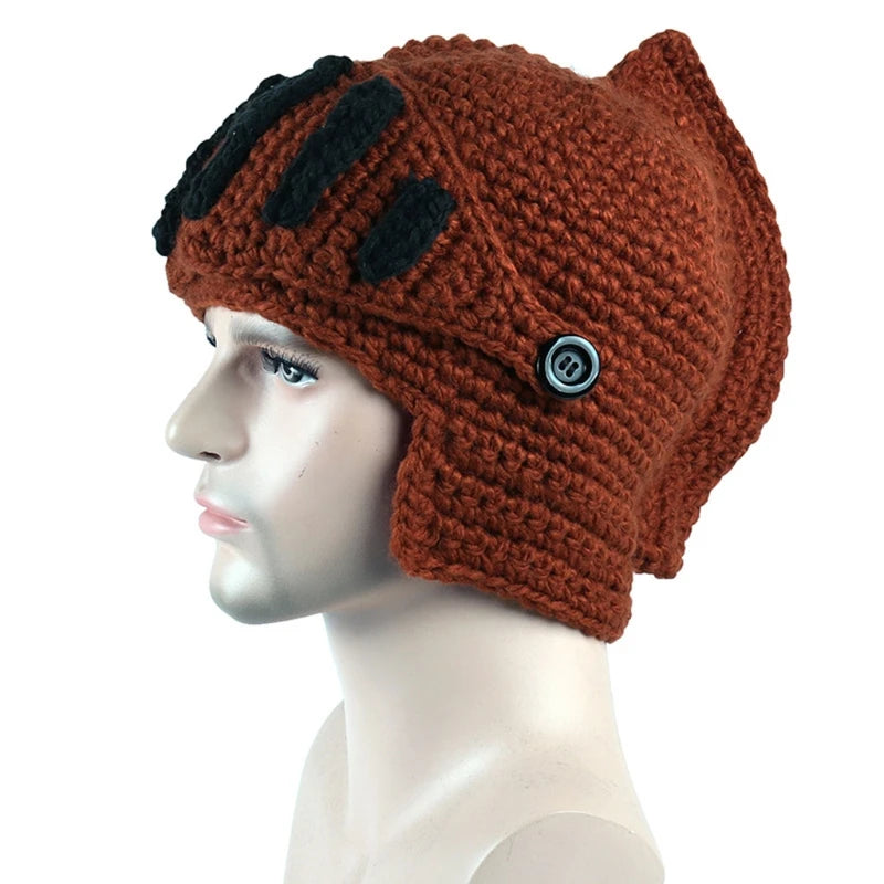Unisex Autumn Crochet Knitted Roman Knight Helmet Beanie Hat Solid Color Barbarian Earflap Skullies with Removable
