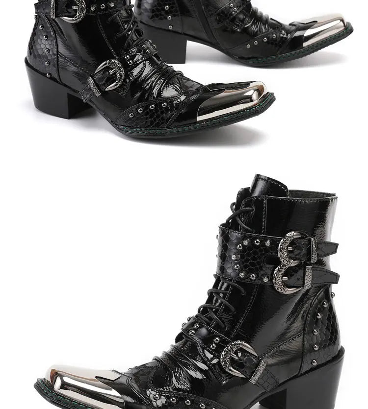 Spring Man Metal Fangtou Belt High-heeled Short boots Western Cowboy Boots Cowhide Serpentine Printing Stage show Party boots