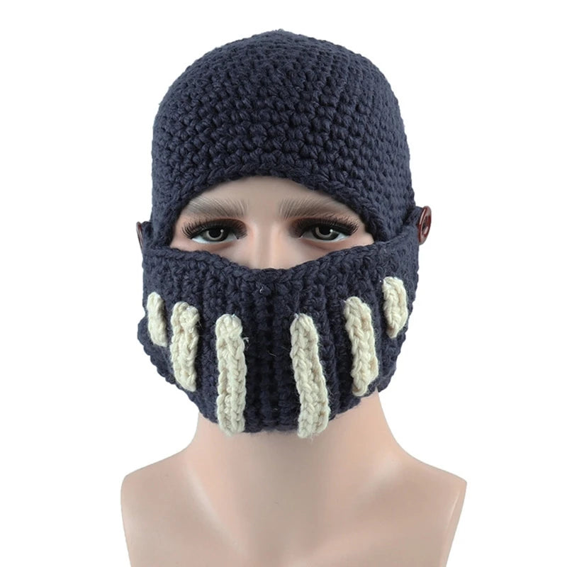 Unisex Autumn Crochet Knitted Roman Knight Helmet Beanie Hat Solid Color Barbarian Earflap Skullies with Removable