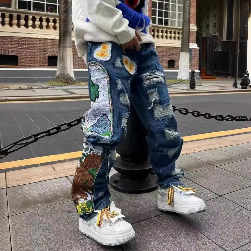 2024 Trend Ripped Tile High Street Retro Design Sense Heavy Quality Hip Hop Baggy Jeans for Men
