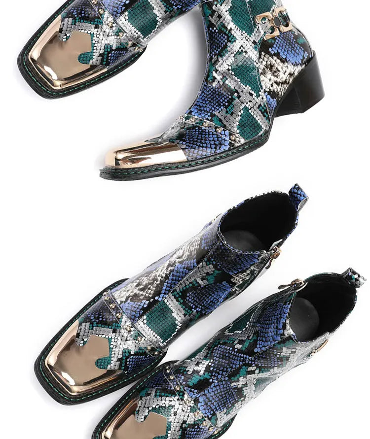 Spring Man Metal Fangtou Belt High-heeled Short boots Western Cowboy Boots Cowhide Serpentine Printing Stage show Party boots