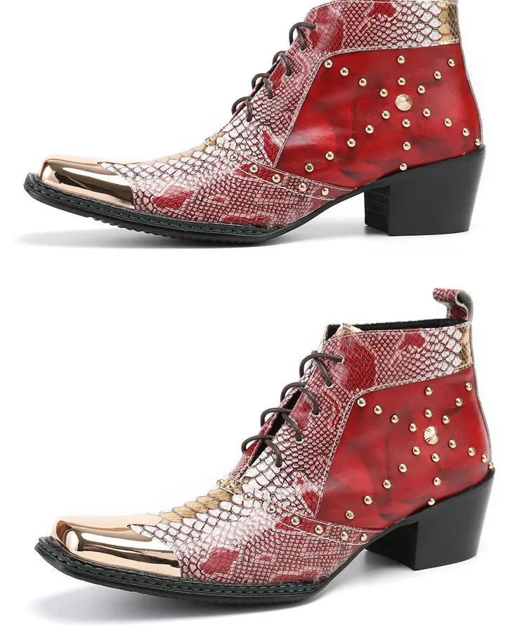Spring Man Metal Fangtou Belt High-heeled Short boots Western Cowboy Boots Cowhide Serpentine Printing Stage show Party boots