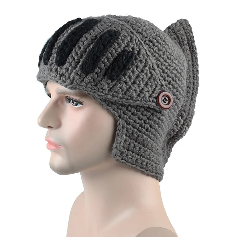 Unisex Autumn Crochet Knitted Roman Knight Helmet Beanie Hat Solid Color Barbarian Earflap Skullies with Removable