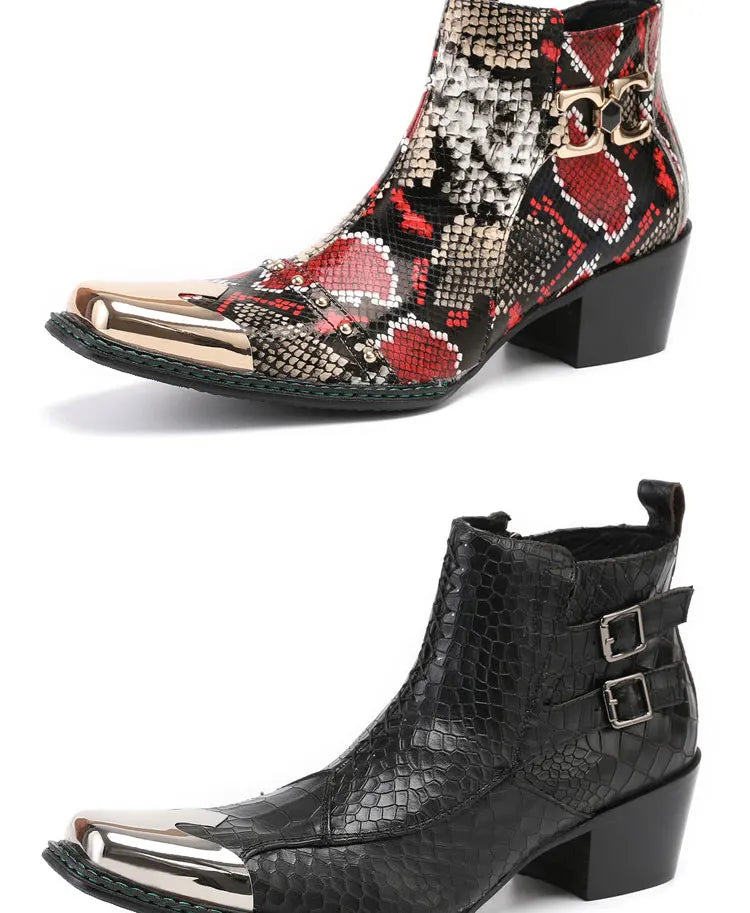 Spring Man Metal Fangtou Belt High-heeled Short boots Western Cowboy Boots Cowhide Serpentine Printing Stage show Party boots