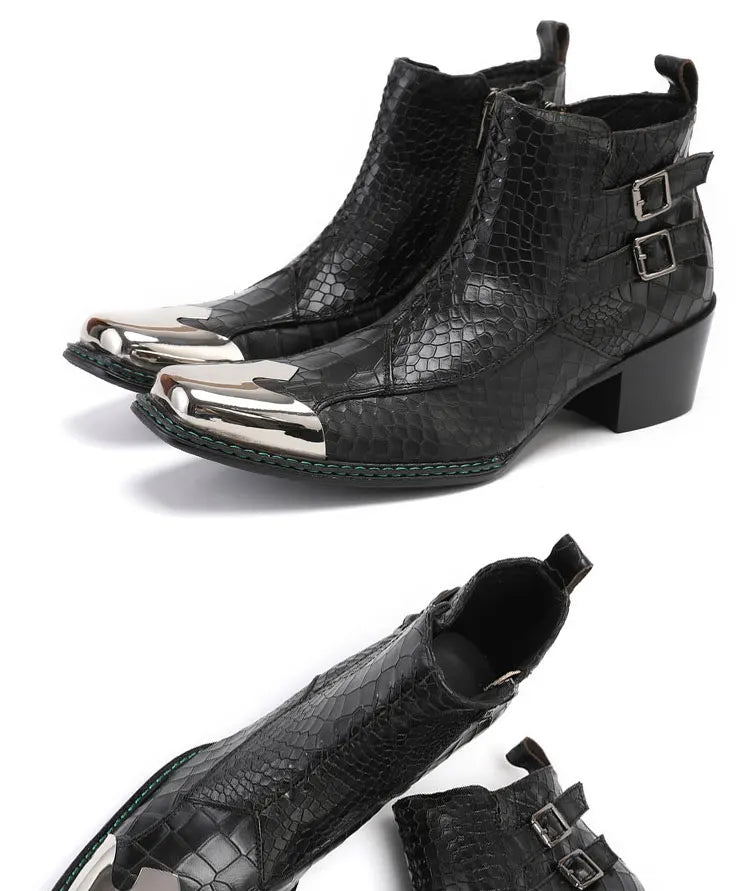 Spring Man Metal Fangtou Belt High-heeled Short boots Western Cowboy Boots Cowhide Serpentine Printing Stage show Party boots