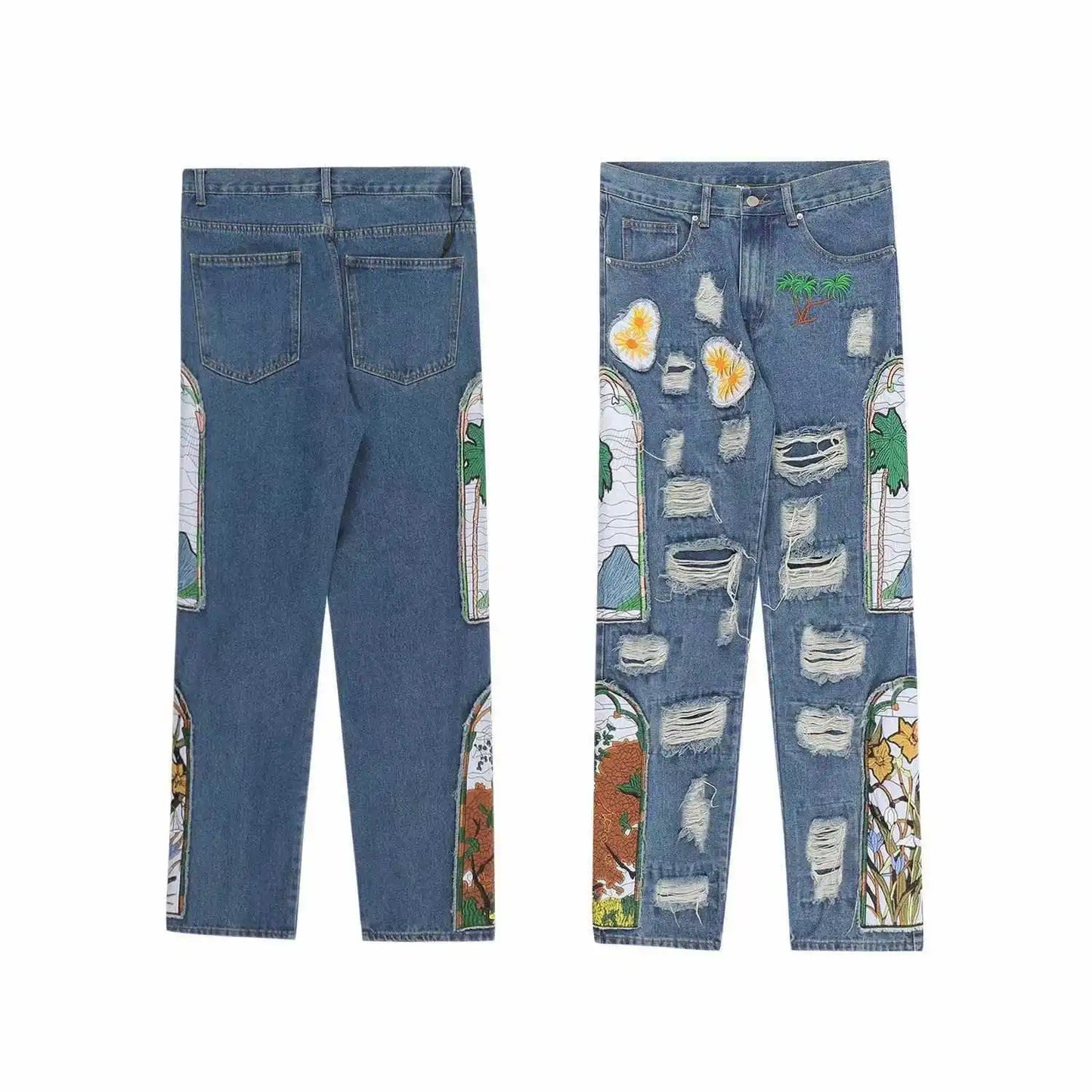 2024 Trend Ripped Tile High Street Retro Design Sense Heavy Quality Hip Hop Baggy Jeans for Men