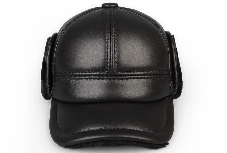 High Quality Genuine Leather Hats Winter First Layer Cowhide Warm Earmuffs Bomber Caps Plus Velvet Thicken Man Bone Caps Dad Hat