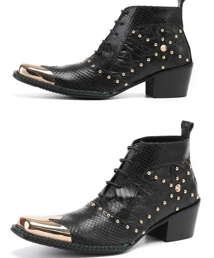 Spring Man Metal Fangtou Belt High-heeled Short boots Western Cowboy Boots Cowhide Serpentine Printing Stage show Party boots