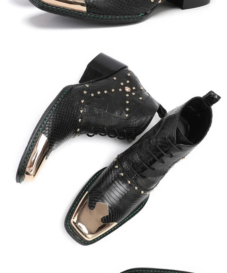 Spring Man Metal Fangtou Belt High-heeled Short boots Western Cowboy Boots Cowhide Serpentine Printing Stage show Party boots