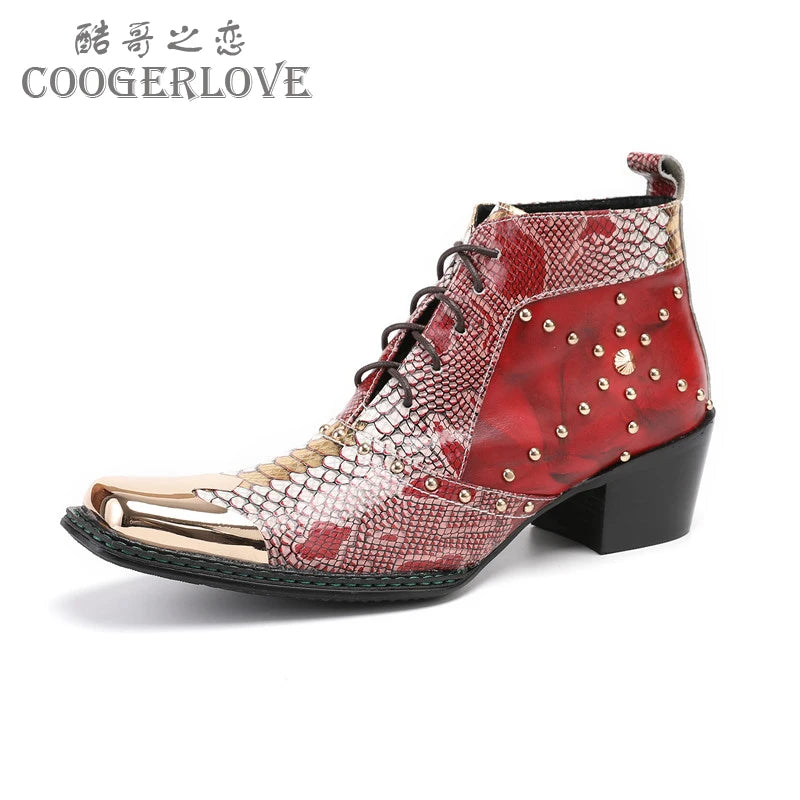 Spring Man Metal Fangtou Belt High-heeled Short boots Western Cowboy Boots Cowhide Serpentine Printing Stage show Party boots