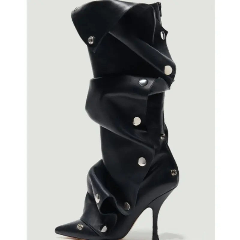 Western Botas Alto 7.5CM Thin Heel Studded Decorated Denim Wide Calf Mujer Boots for Women