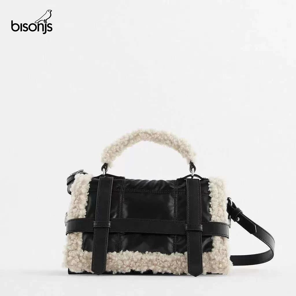 Jumbo Capacity Totes Handbag Black Pu Leather Shoulder Messenger Sheep Fur Bag