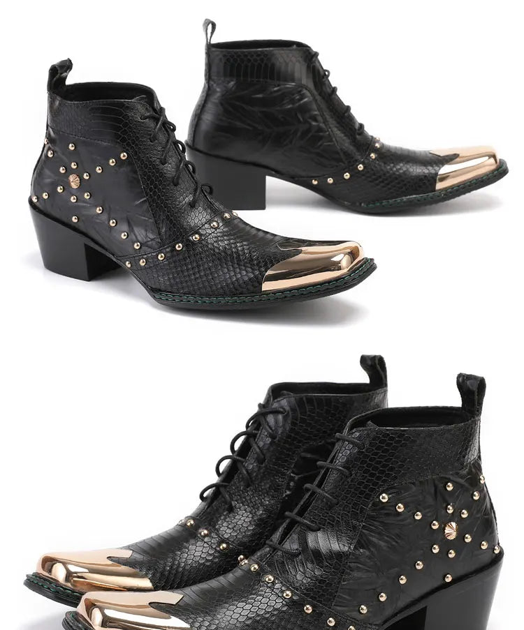 Spring Man Metal Fangtou Belt High-heeled Short boots Western Cowboy Boots Cowhide Serpentine Printing Stage show Party boots