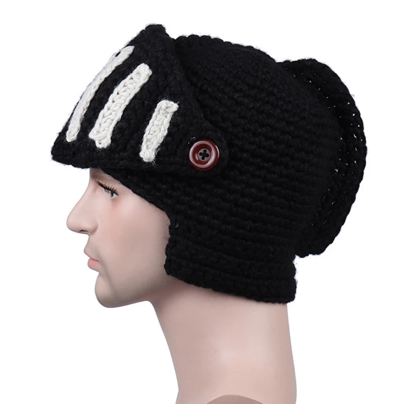 Unisex Autumn Crochet Knitted Roman Knight Helmet Beanie Hat Solid Color Barbarian Earflap Skullies with Removable