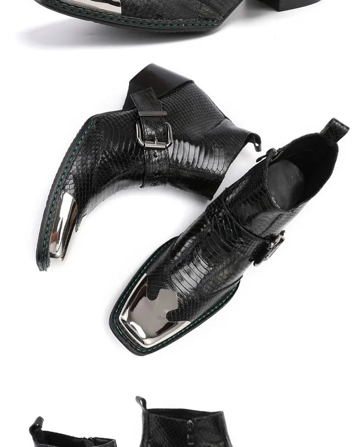 Spring Man Metal Fangtou Belt High-heeled Short boots Western Cowboy Boots Cowhide Serpentine Printing Stage show Party boots