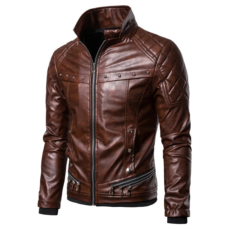 Motorcycle Leather Jacket Men Turn Down Fur Collar Slim Fit Warm PU Bomber Jackets Coats Mens Bikers