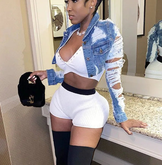 Ladies Fashion Casual Long Sleeve Cut Mini Denim Short Jacket Coat