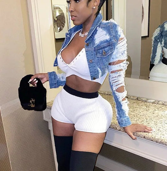Ladies Fashion Casual Long Sleeve Cut Mini Denim Short Jacket Coat
