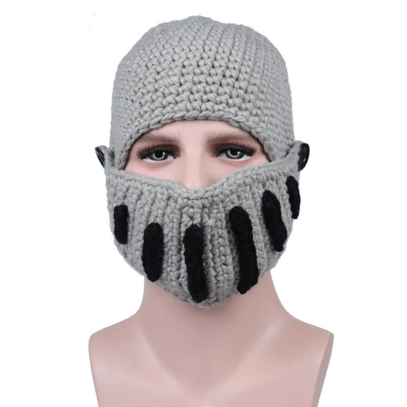 Unisex Autumn Crochet Knitted Roman Knight Helmet Beanie Hat Solid Color Barbarian Earflap Skullies with Removable
