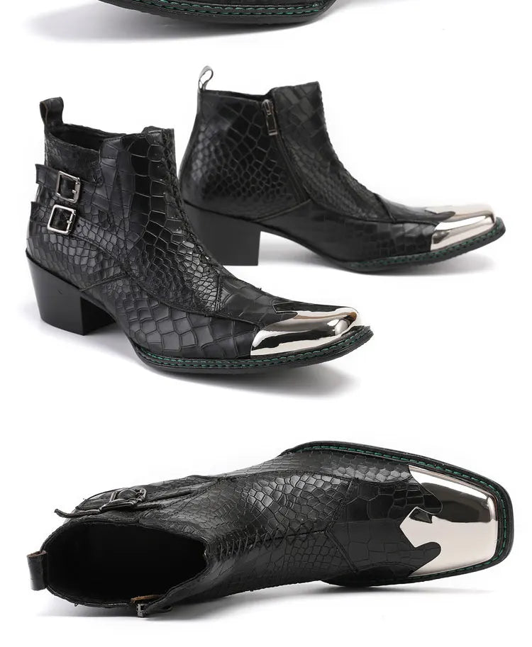 Spring Man Metal Fangtou Belt High-heeled Short boots Western Cowboy Boots Cowhide Serpentine Printing Stage show Party boots