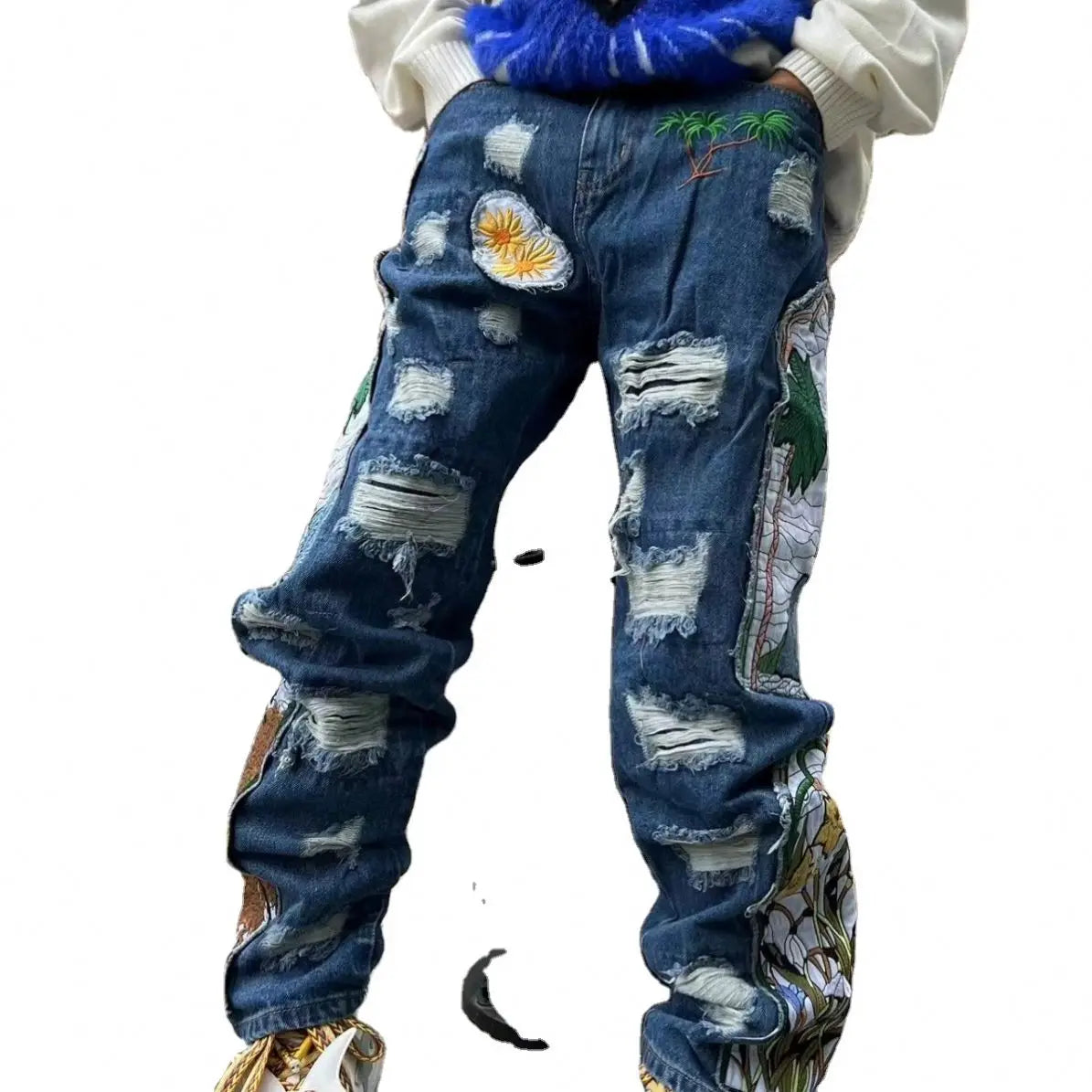 2024 Trend Ripped Tile High Street Retro Design Sense Heavy Quality Hip Hop Baggy Jeans for Men