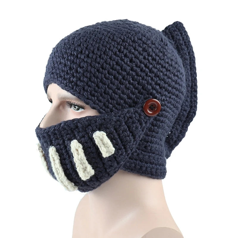 Unisex Autumn Crochet Knitted Roman Knight Helmet Beanie Hat Solid Color Barbarian Earflap Skullies with Removable