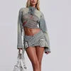 Sexy Hollow Out Denim Two Piece Set Long Sleeve Splicing Buckle Set for Women
