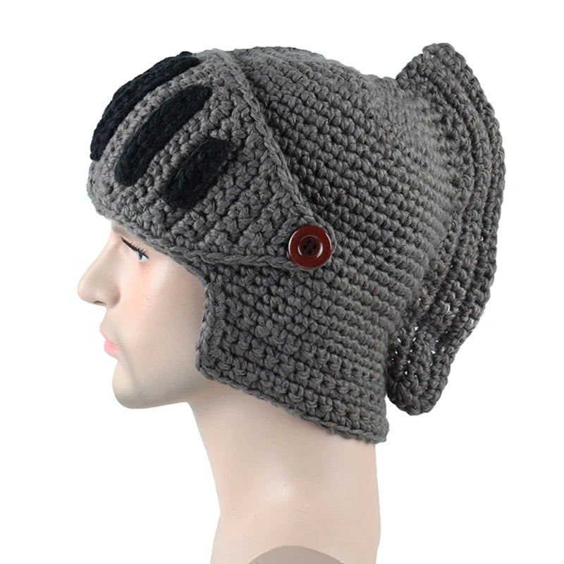 Unisex Autumn Crochet Knitted Roman Knight Helmet Beanie Hat Solid Color Barbarian Earflap Skullies with Removable