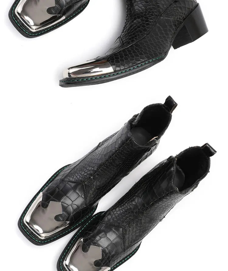 Spring Man Metal Fangtou Belt High-heeled Short boots Western Cowboy Boots Cowhide Serpentine Printing Stage show Party boots