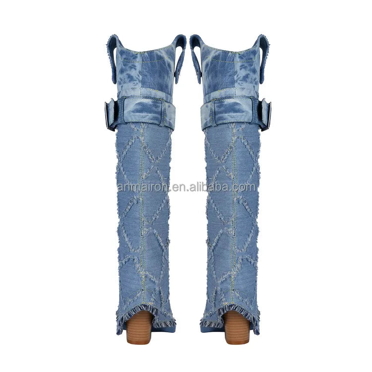 Cowboy Winter Boots Western Women Knee High Heel Slip on Pointed Toe