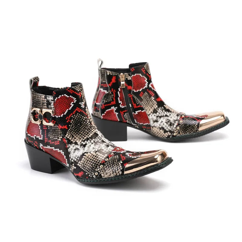 Spring Man Metal Fangtou Belt High-heeled Short boots Western Cowboy Boots Cowhide Serpentine Printing Stage show Party boots