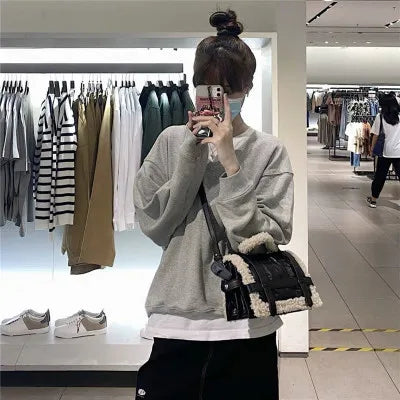 Jumbo Capacity Totes Handbag Black Pu Leather Shoulder Messenger Sheep Fur Bag