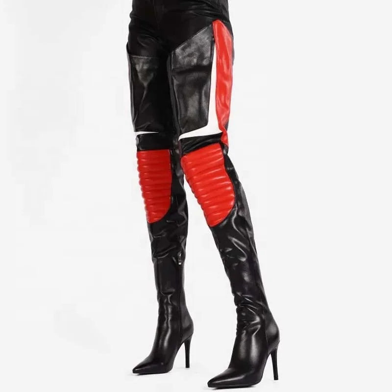 Colorful Mixed Color Women's Over Knee Boots Slim High Heels Side Zipper Pointed Shoes Lady Large Size 44 Thigh High Booties