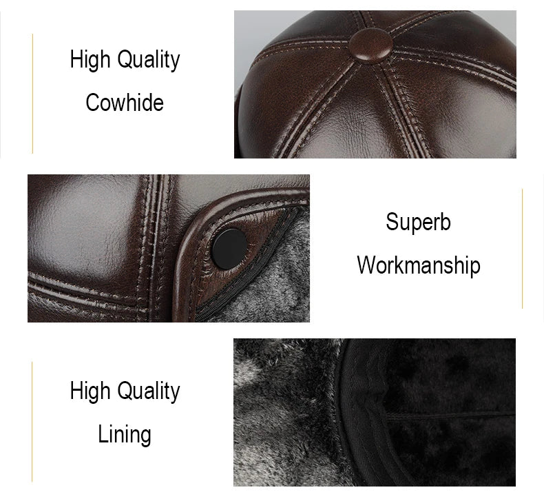 High Quality Genuine Leather Hats Winter First Layer Cowhide Warm Earmuffs Bomber Caps Plus Velvet Thicken Man Bone Caps Dad Hat