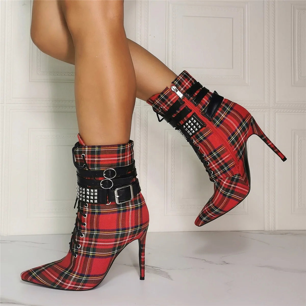 New Arrivals Plaid Pattern Ankle Buckle Strap Pointed Toe Women Ankle Boots Thin High Heels
