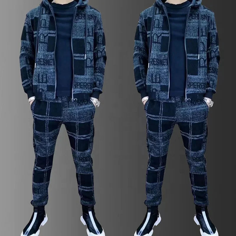 Mens Zipper Hoodie Tracksuit Set Luxury Printed Jacket+Sweatpants Male Lapel Jacket Suit 2Pcs Outdoor Athletic Sets