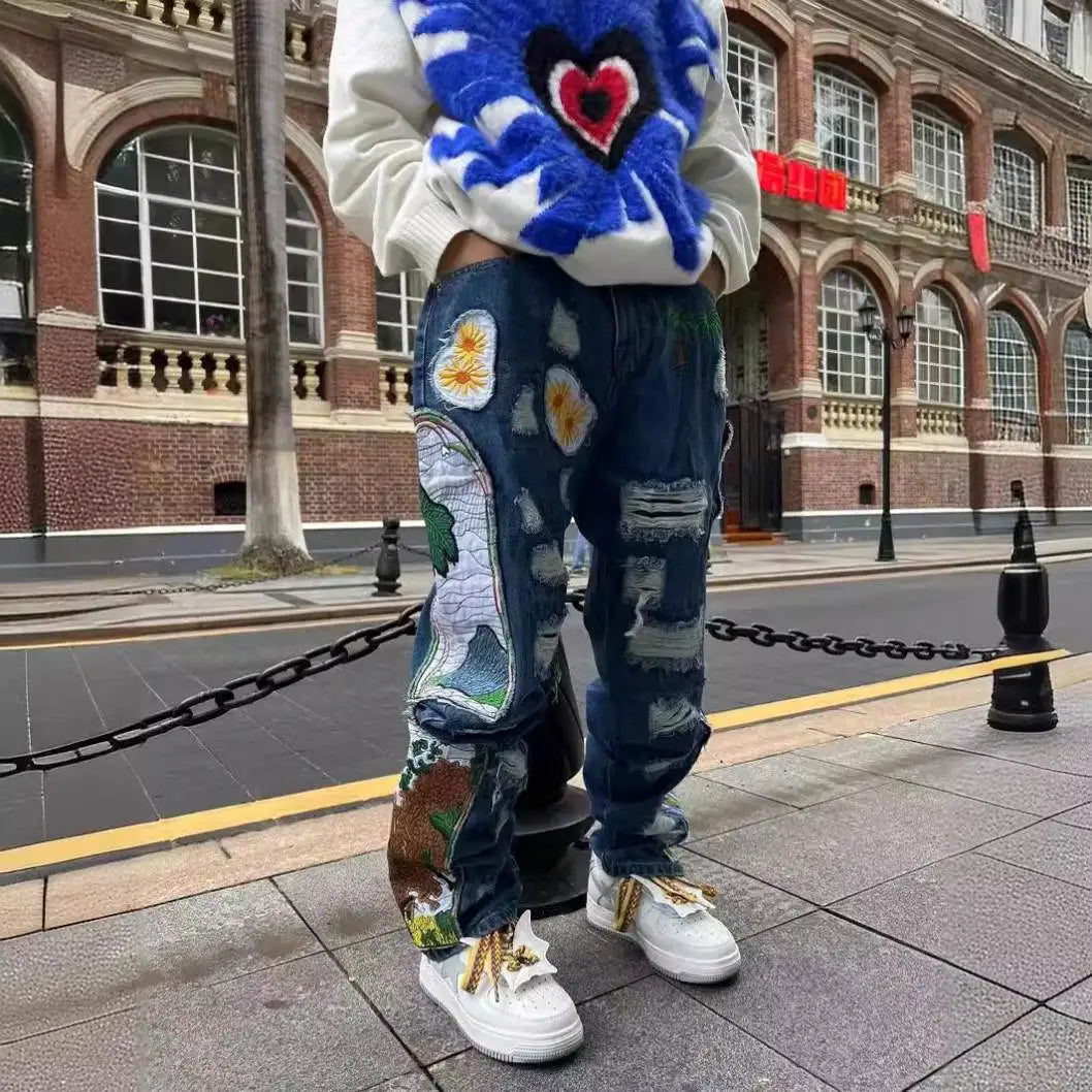 2024 Trend Ripped Tile High Street Retro Design Sense Heavy Quality Hip Hop Baggy Jeans for Men