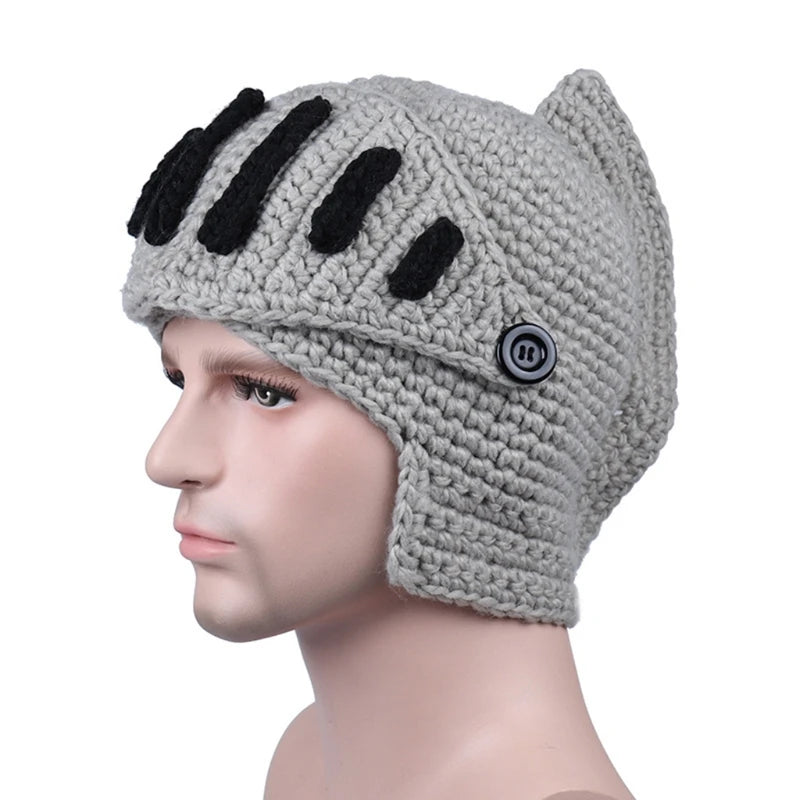 Unisex Autumn Crochet Knitted Roman Knight Helmet Beanie Hat Solid Color Barbarian Earflap Skullies with Removable