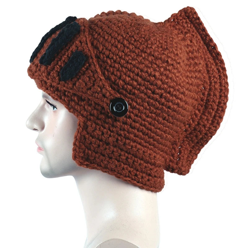 Unisex Autumn Crochet Knitted Roman Knight Helmet Beanie Hat Solid Color Barbarian Earflap Skullies with Removable