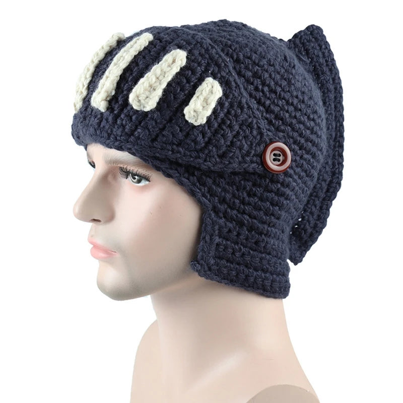 Unisex Autumn Crochet Knitted Roman Knight Helmet Beanie Hat Solid Color Barbarian Earflap Skullies with Removable