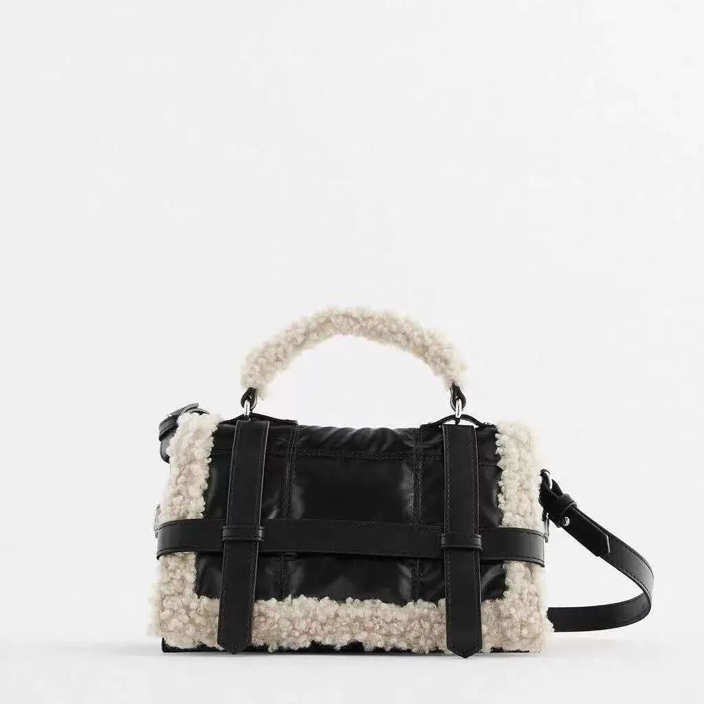 Jumbo Capacity Totes Handbag Black Pu Leather Shoulder Messenger Sheep Fur Bag