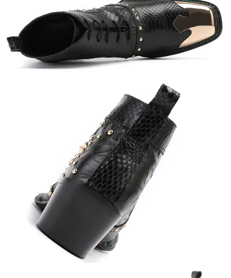 Spring Man Metal Fangtou Belt High-heeled Short boots Western Cowboy Boots Cowhide Serpentine Printing Stage show Party boots