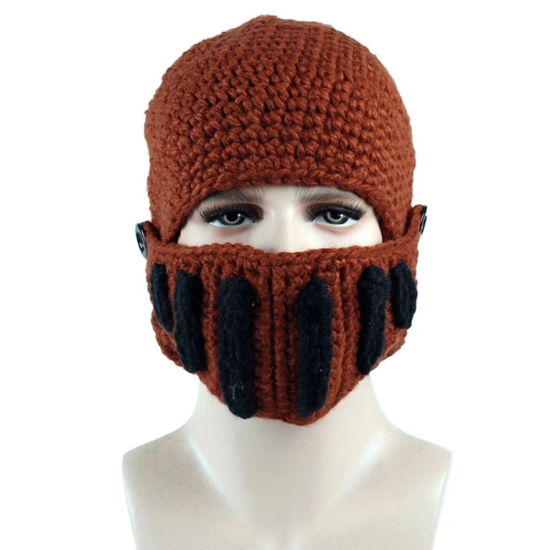 Unisex Autumn Crochet Knitted Roman Knight Helmet Beanie Hat Solid Color Barbarian Earflap Skullies with Removable