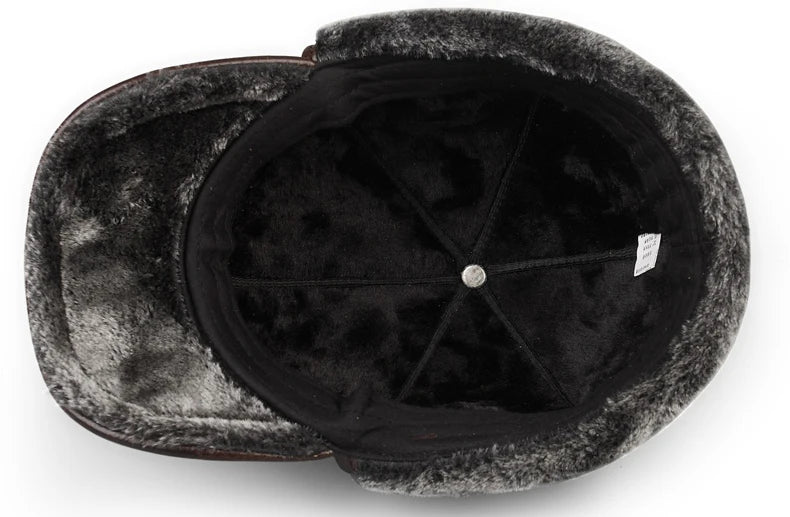 High Quality Genuine Leather Hats Winter First Layer Cowhide Warm Earmuffs Bomber Caps Plus Velvet Thicken Man Bone Caps Dad Hat
