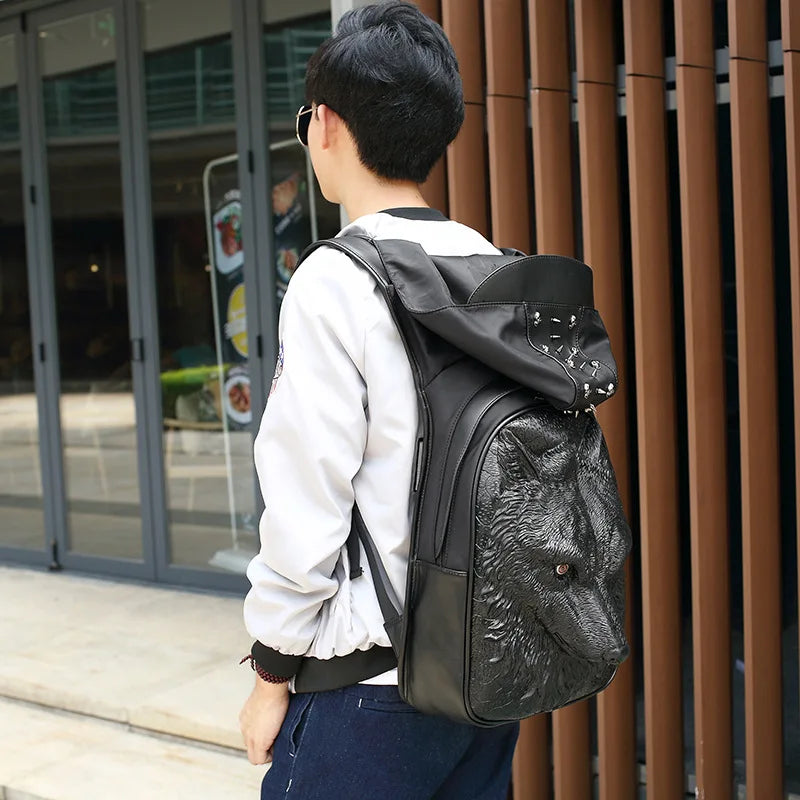 Unisex Waterproof Thicken Leather Backpack - 3D Rivet Embossed, Hooded Design, Spacious Laptop Rucksack for Daily & Travel